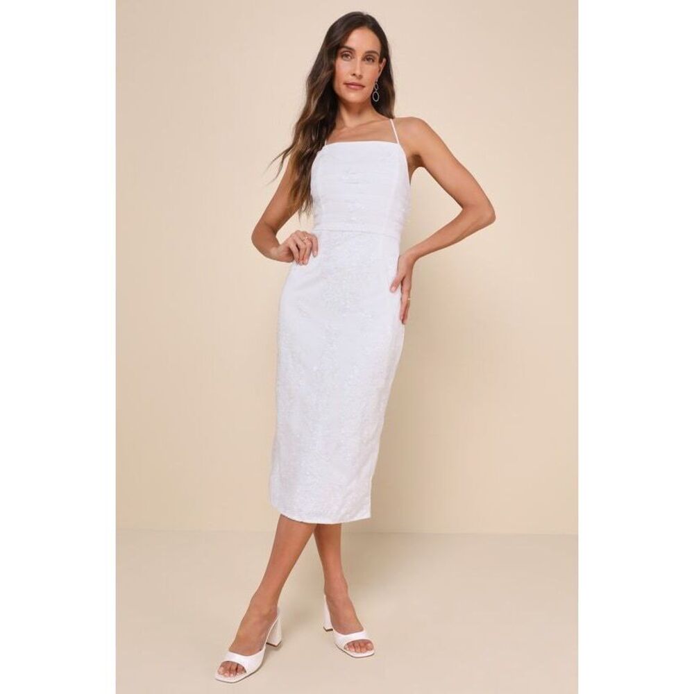 Lulus Celebratory Beauty White Mesh Embroidered Lace-up Midi Dress - Size M